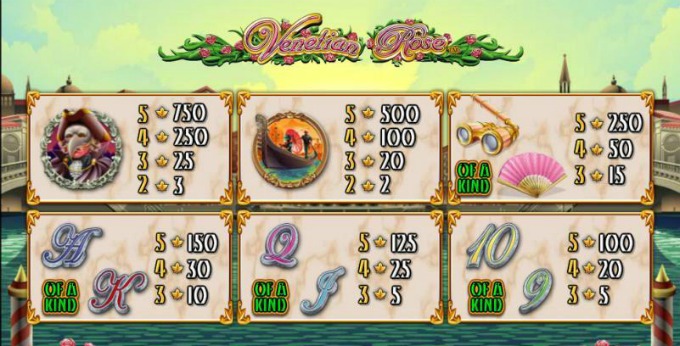 Venetian Rose Slot Paytable