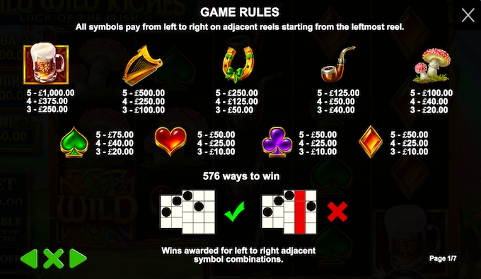 Wild Wild Riches Slot Paytable